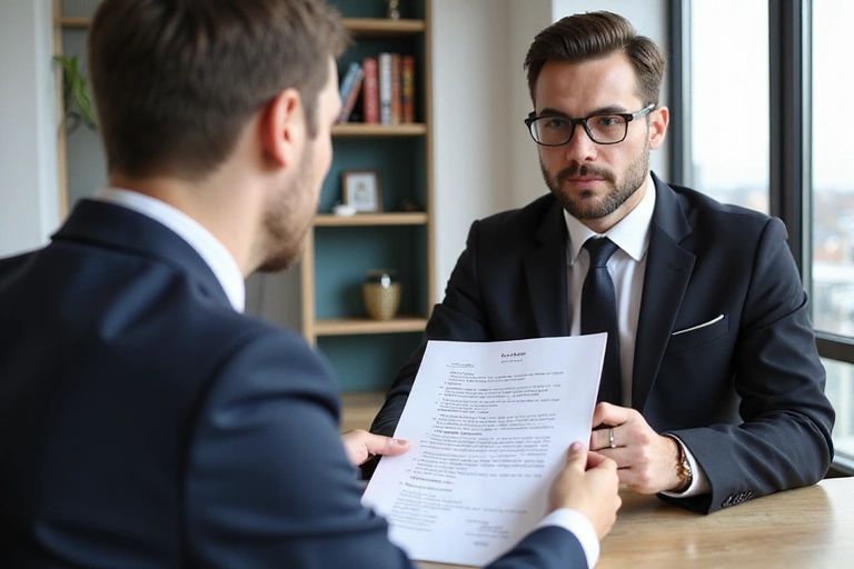 Avocat expliquant un document juridique à un client